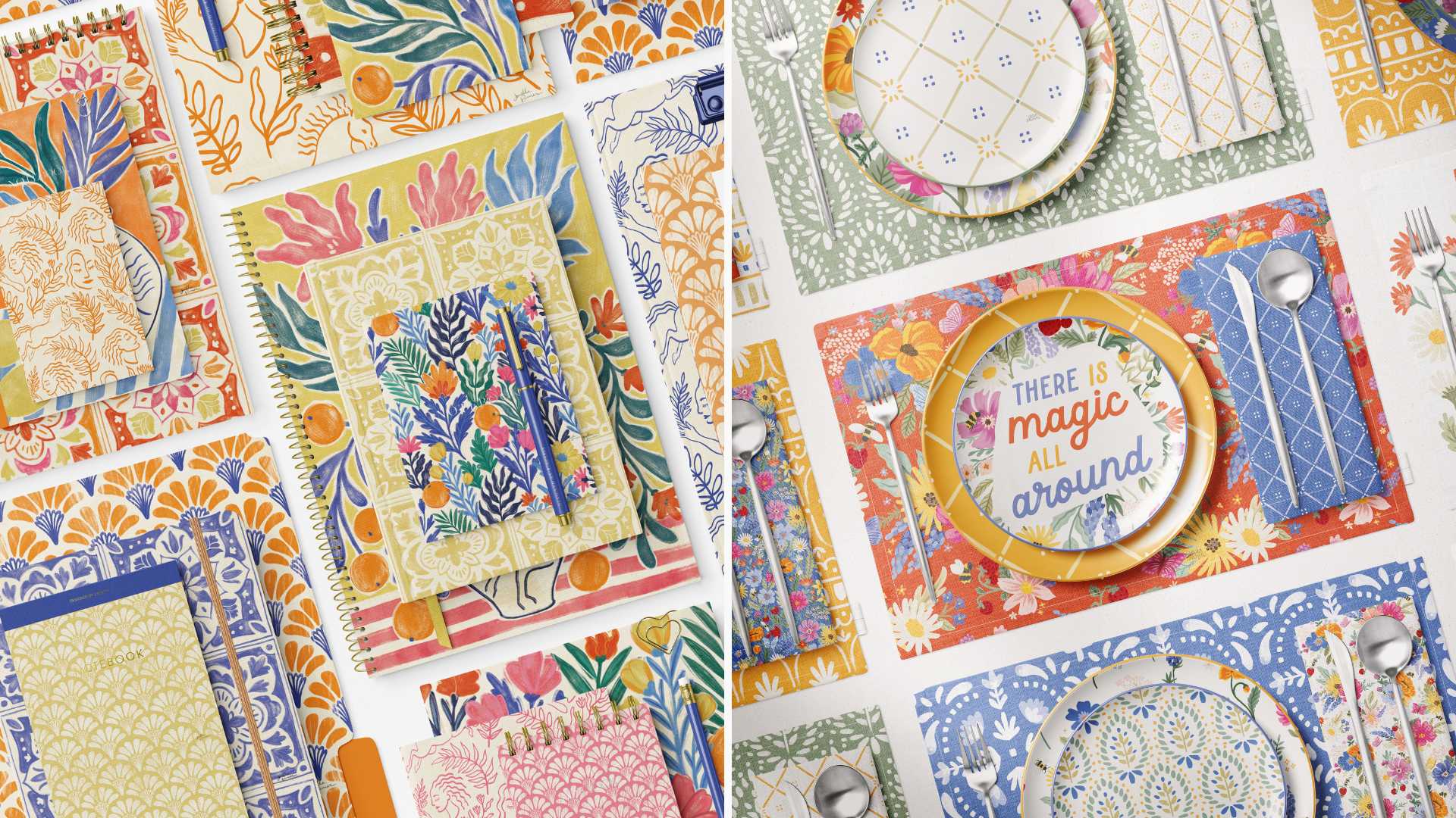 Colorful stationery and dinnerware featuring art available for licensing