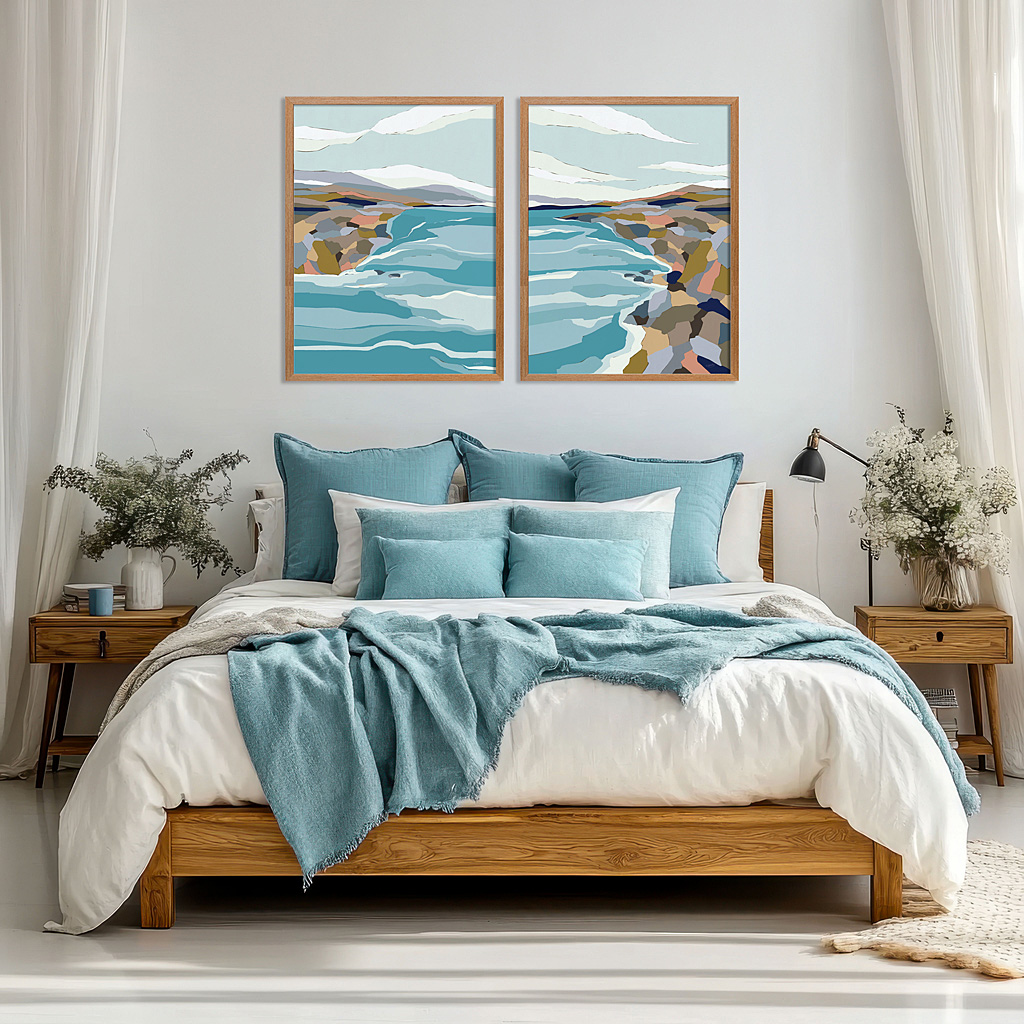 wooden bed with blue pillows and two bedside cabinets against wh